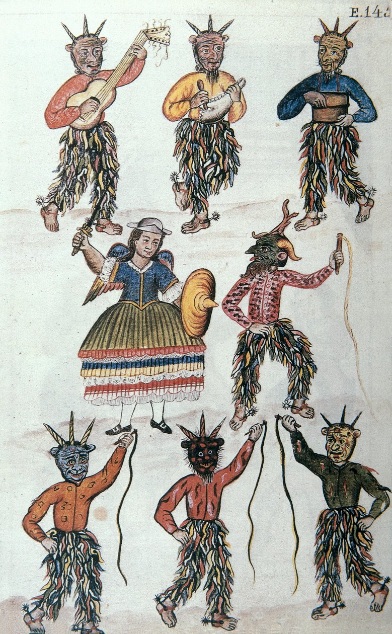 Dança tradicional dos Diablicos no Peru, do livro "Trujillo del Peru" ou "Códice Martínez Compañón", de Baltazar Martinez Compañón y Bujanda, bispo de Trujillo (1782-1785) de Unknown artist