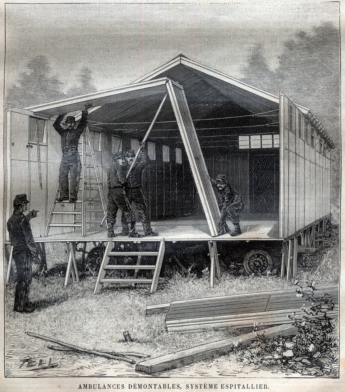 Construções transportáveis em cartão: ambulâncias demontáveis, sistema inventado pelo comandante Espitallier - Gravação em "La Science francaise de Unknown artist