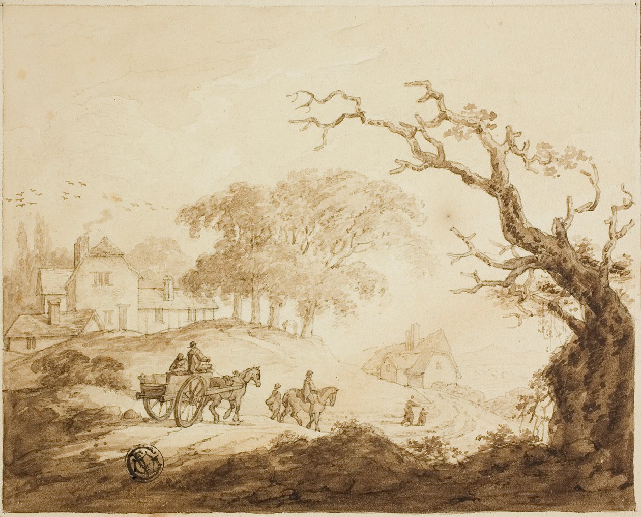 Viajantes com cavalos e carroça em uma estrada passando por casas de Unknown artist
