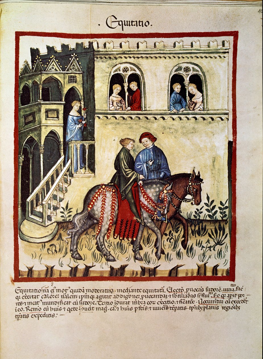 Tratar a medicina: "Os benefícios da equitação" Página retirada de "Tacuinum sanitatis" (Cod. ser. nov. 2644) Por volta de 1400 Viena, Osterreischische Nationalbibliothek de Unknown artist