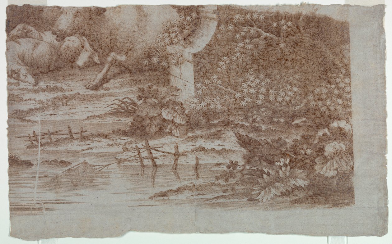 Prova de teste para impressão de algodão: "Cena Pastoral com Pavões e Aves" de Unknown artist