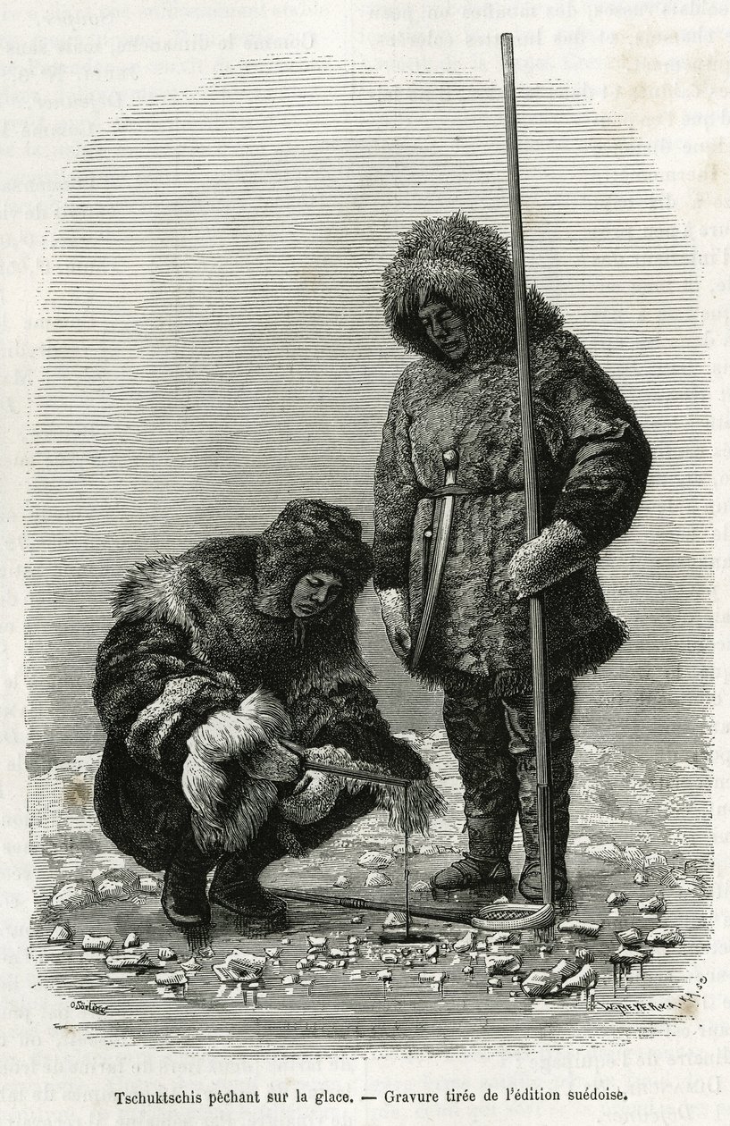 Pesca Tschuktschis no gelo na Baía de Koljutschin (círculo polar). Gravura da edição sueca, para ilustrar a história "Voyage de la Vega around Asia and Euroope", de Nils Adolf Erik (Eric) Baron Nordenskjold (Nordenskiold) (1832-1901), em 1878-1880 de Unknown artist