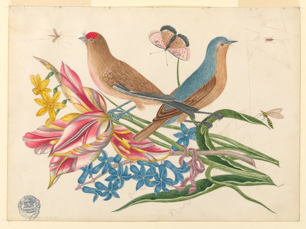 Dois pássaros em um galho de tulipas com insetos de Unknown artist