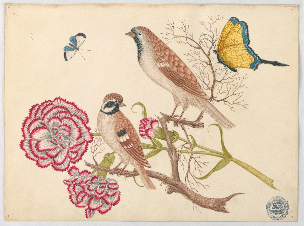 Dois pássaros marrons com cravos e borboletas de Unknown artist