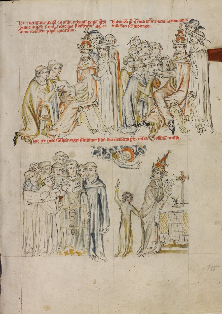Dois clérigos pedem a canonização de Santa Edviges ao Papa Urbano IV; o Papa Clemente pede a intercessão de Santa Edviges para curar a sua filha cega de Unknown artist