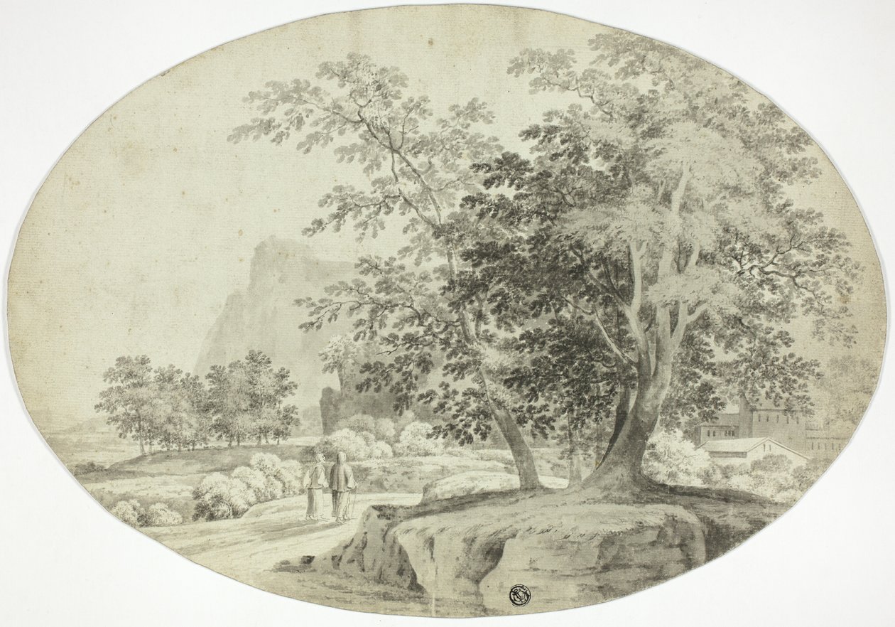 Dois peregrinos numa estrada arborizada de Unknown artist