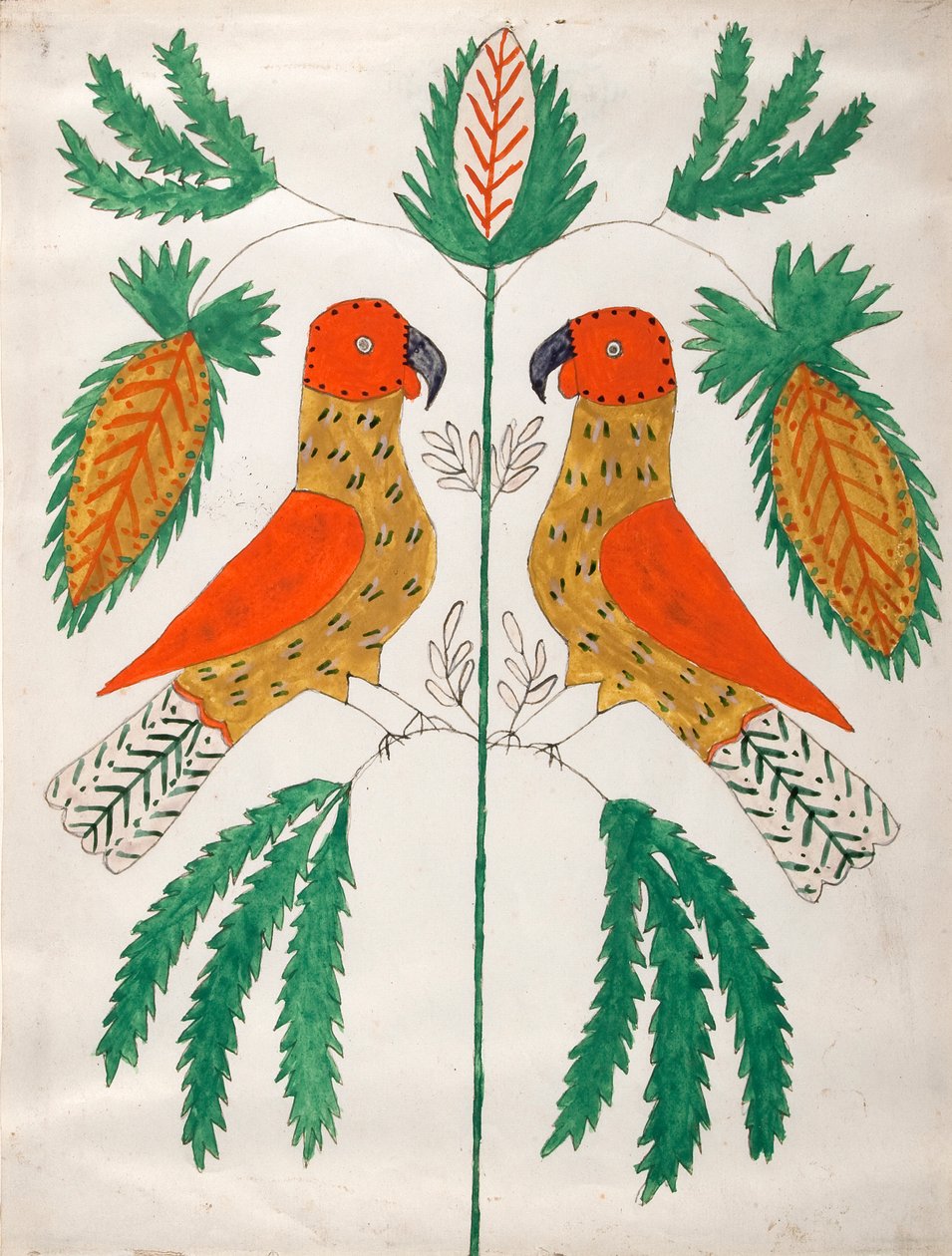 Dois papagaios vermelhos e amarelos frente a frente (folhas verdes) de Unknown artist