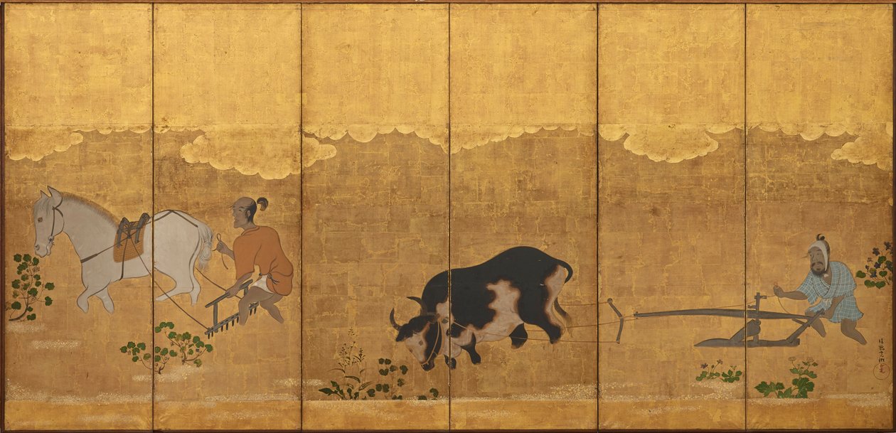 Dois agricultores arando e angustiando um campo de arroz de Unknown artist
