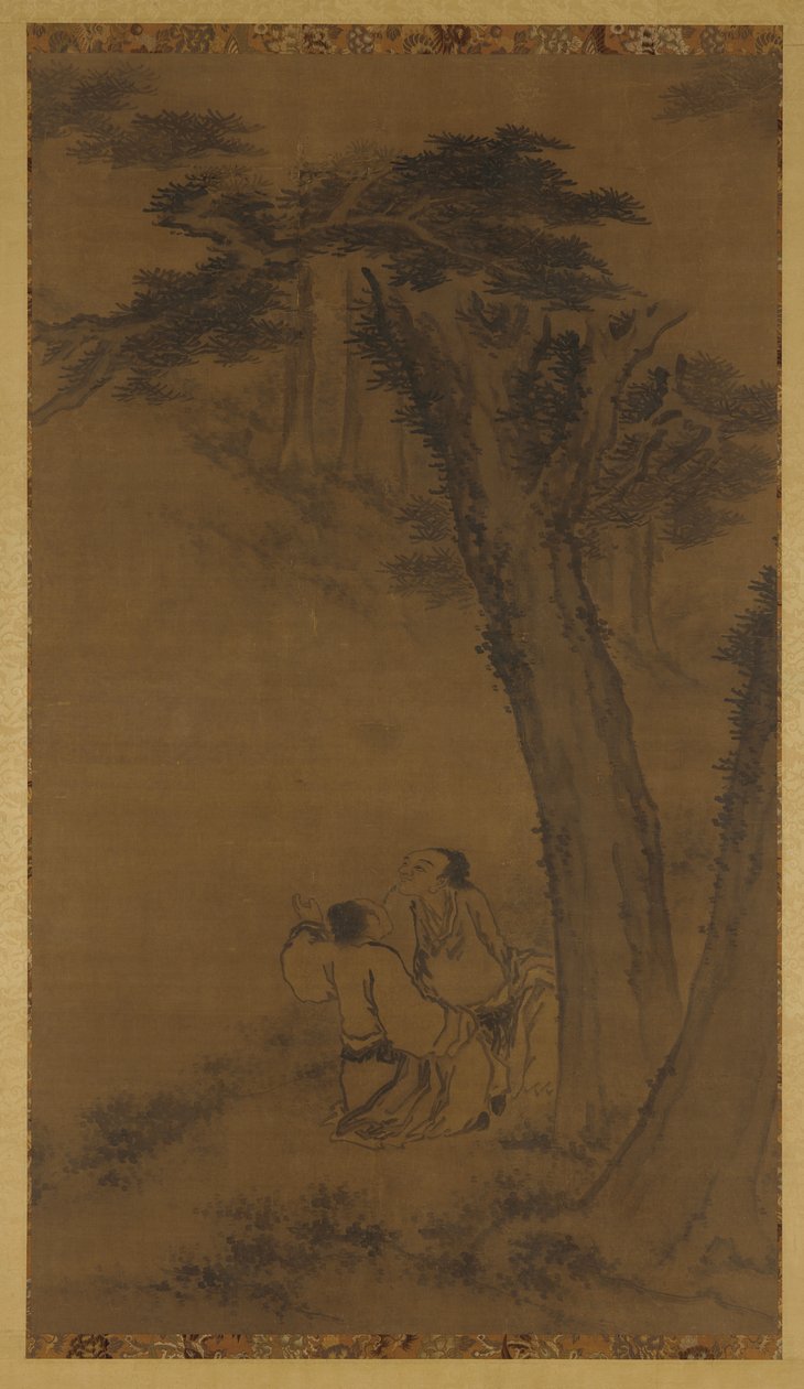 Duas figuras em uma encosta sob árvores de Unknown artist