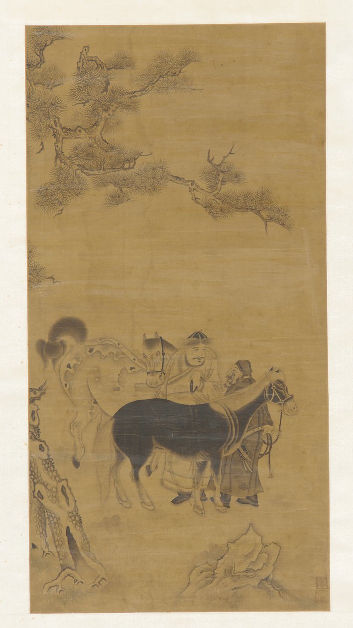 Dois homens e dois cavalos debaixo de um pinheiro de Unknown artist