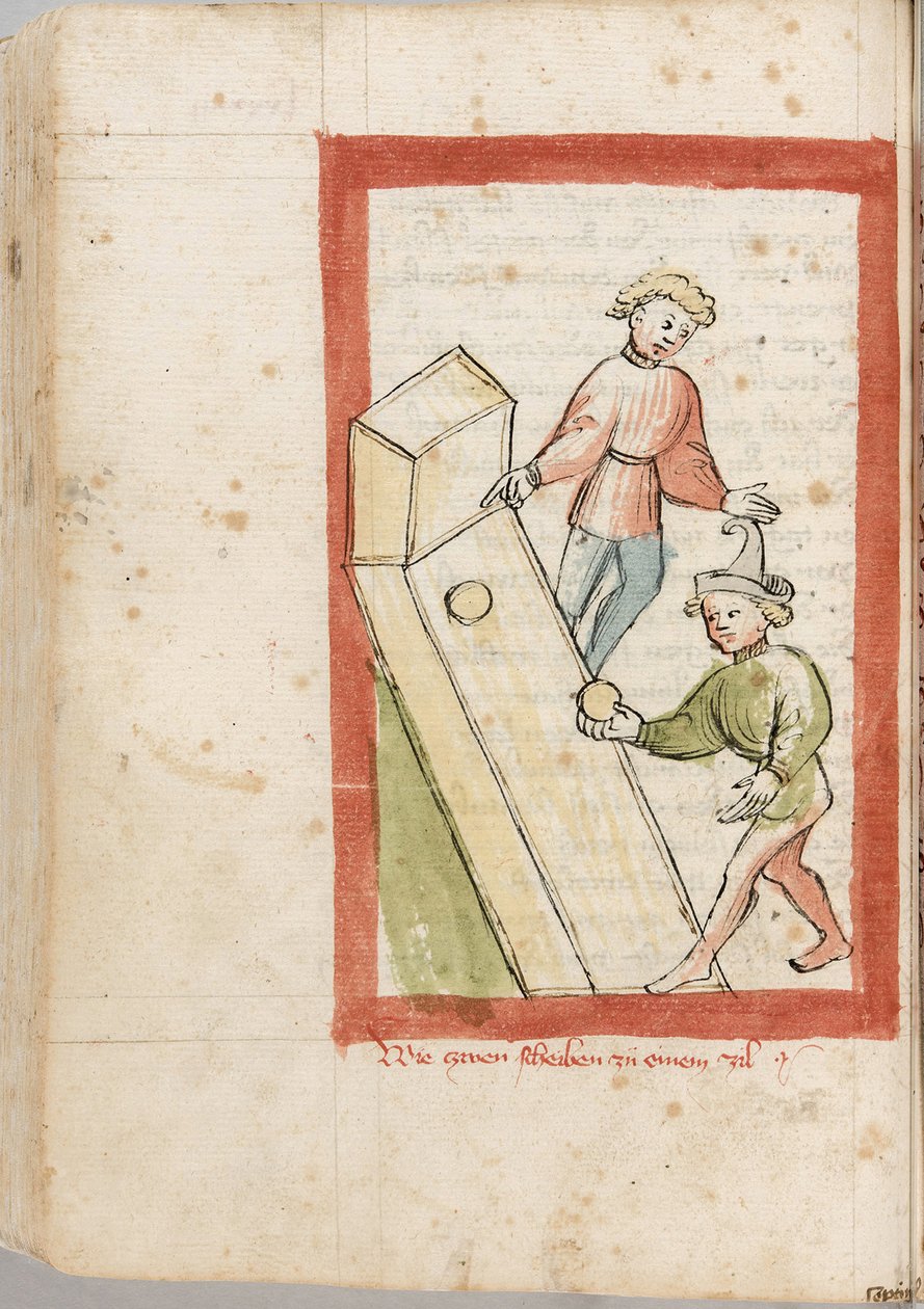 Dois homens a jogar bowling. De "Der Renner" de Hugo von Trimberg, Anónimo. Aguarela em pergaminho. de Unknown artist