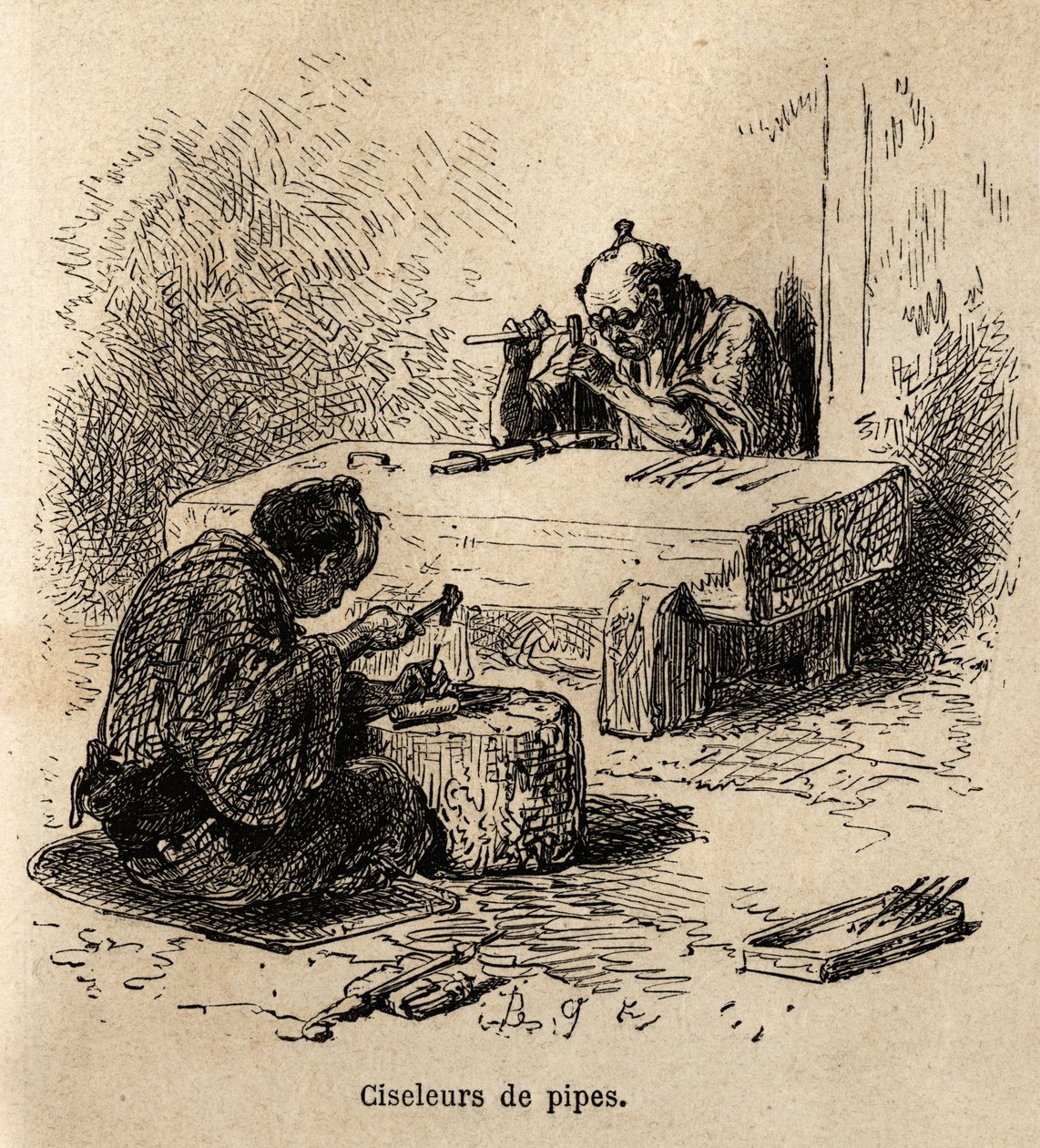 Dois trabalhadores, cada um com um martelo e um furador, estão esculpindo tubos de metal em sua oficina. Gravura para ilustrar a viagem ao Japão, de Aime Humbert, ministro da Confederação Suíça, em 1863-1864, publicada em "le tour du monde", sob a direção de Unknown artist