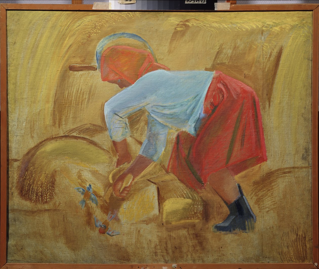 Uma segadeira com uma foice na cabeça. Pintura de Alexei Fyodorovich Pakhomov (1900-1973), óleo sobre tela de Unknown artist
