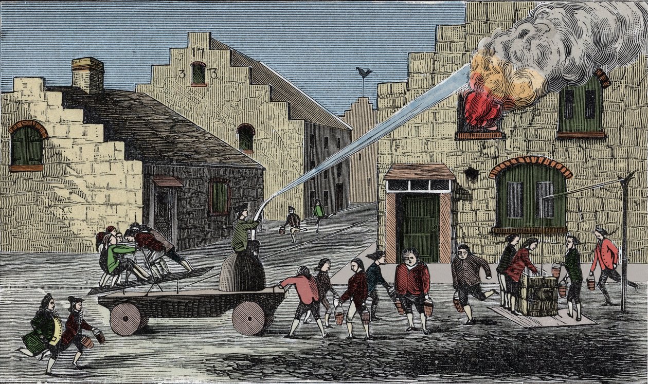 Uso de uma bomba de incêndio para extinguir um incêndio. Gravação em 1733. de Unknown artist