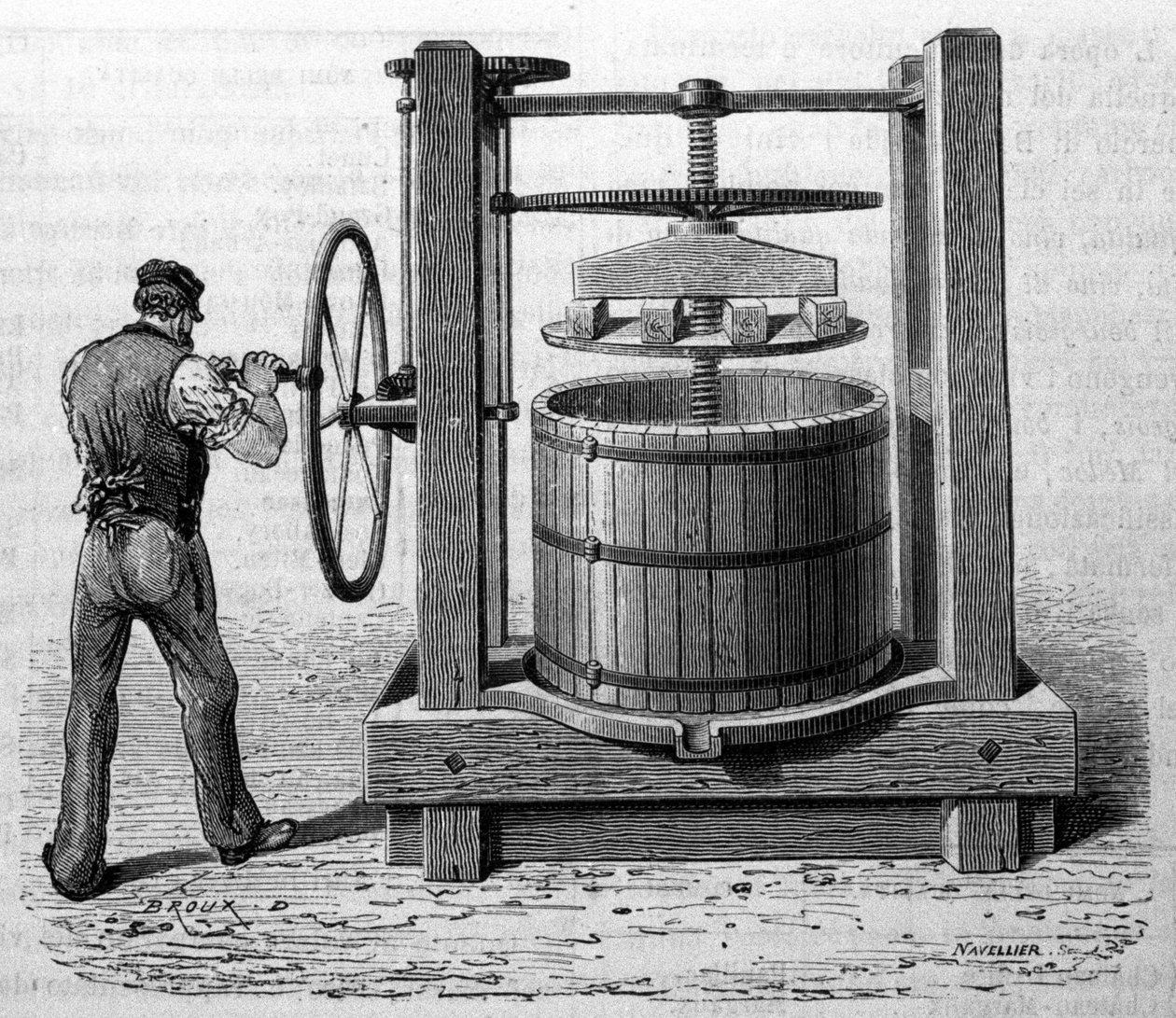 Utilização da prensa para obtenção de bagaço de uva em Medoc e Cognac. Gravura a partir do final do século XIX de Unknown artist