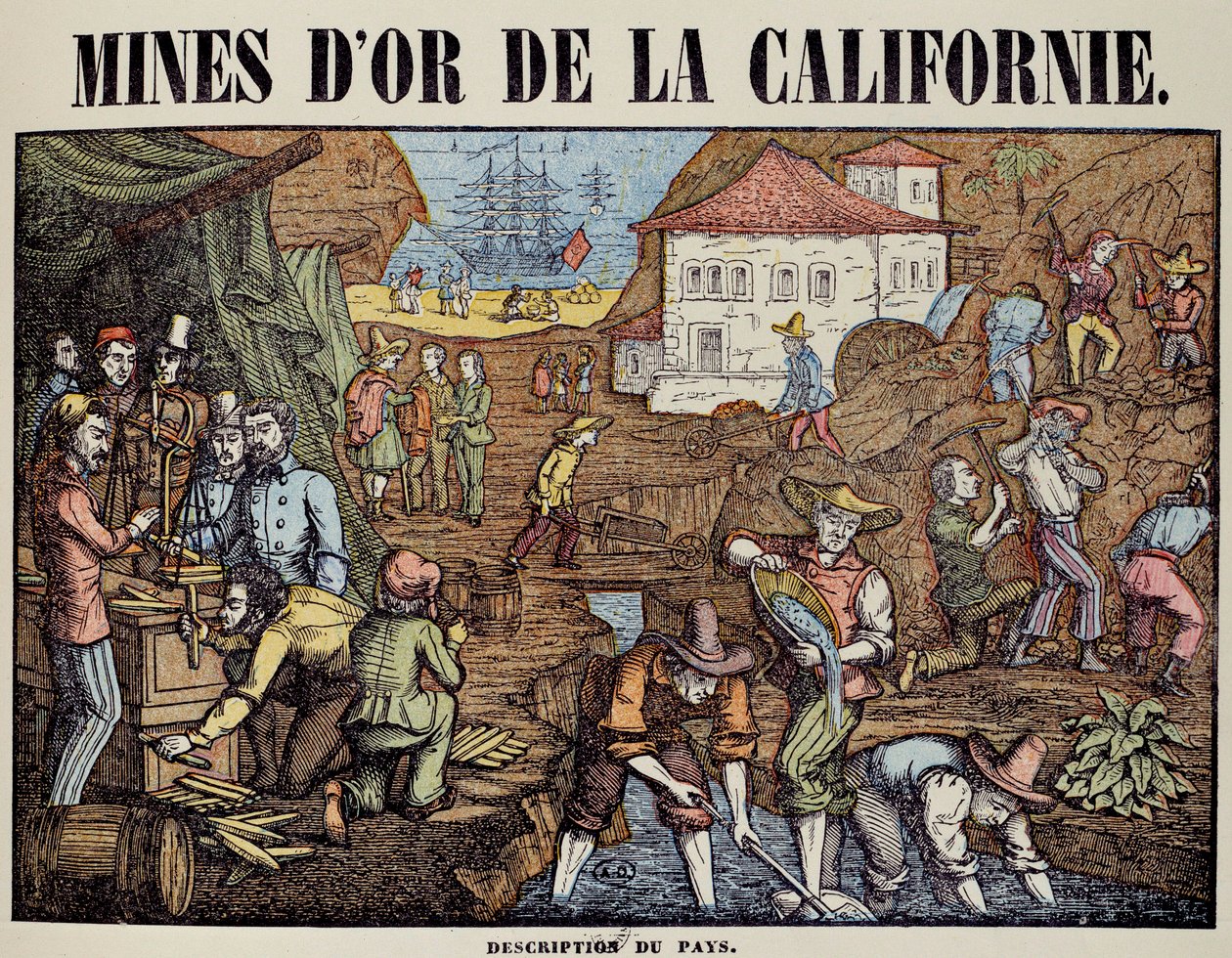 Várias atividades de uma mina de ouro na Califórnia: busca de pepitas, pesagem, compra, saída da mercadoria. Gravura do século XIX. Paris, artes decorativas de Unknown artist
