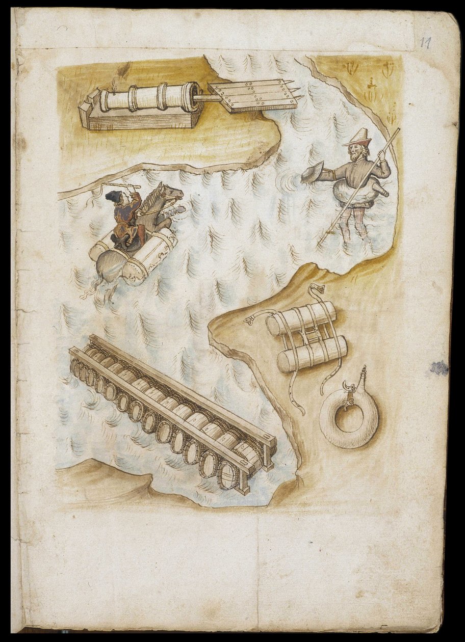 Vários sistemas de bóias e balsas para evolução na água - Manuscrito: folha de pergaminho de um manual de engenharia para a construção de edifícios civis, religiosos e militares, anónimo, final do século XV (figura em tinta chinesa) de Unknown artist
