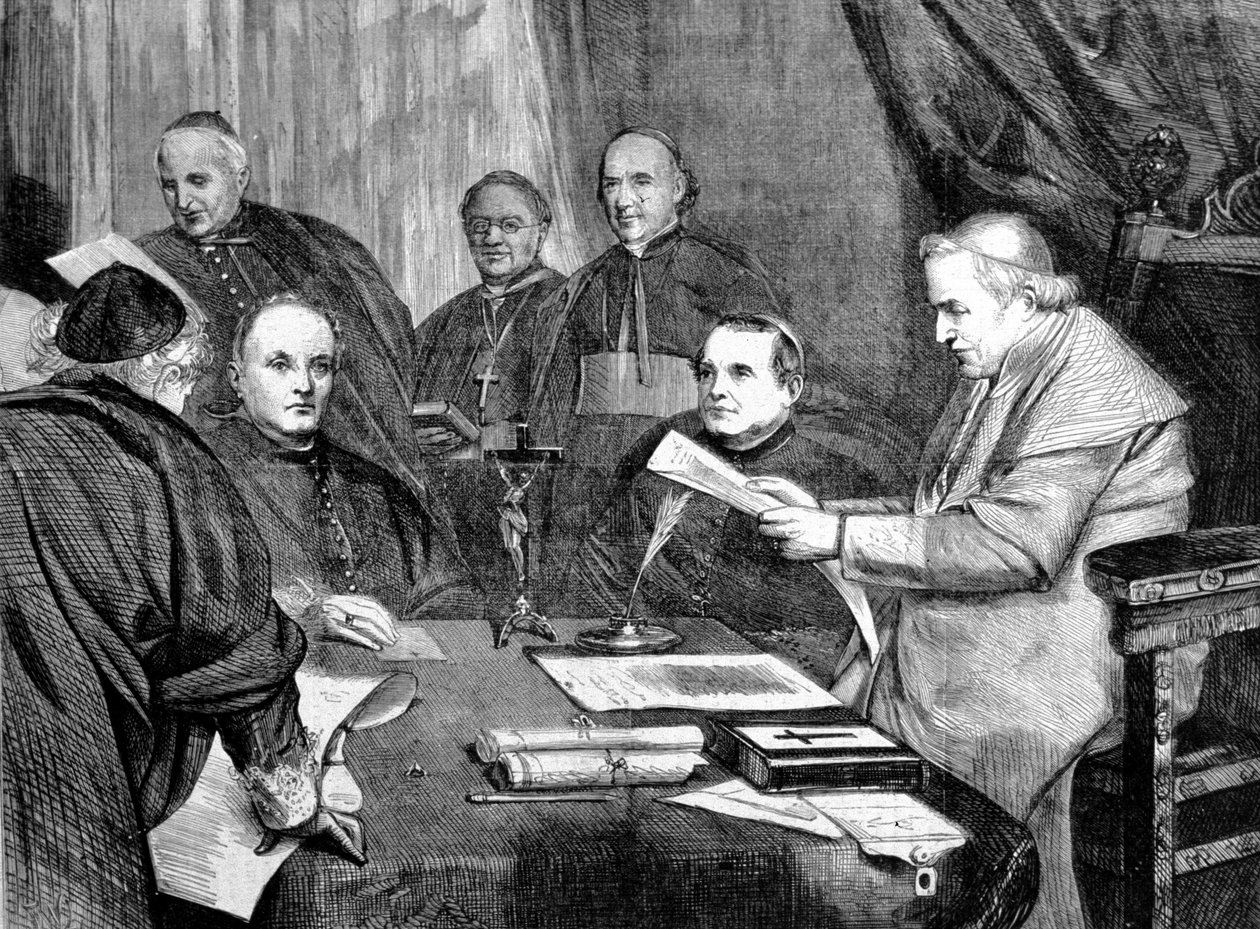 Concílio Vaticano I. Papa Pio IX rodeado por membros do Conselho de Administração do Concílio. 1869 de Unknown artist