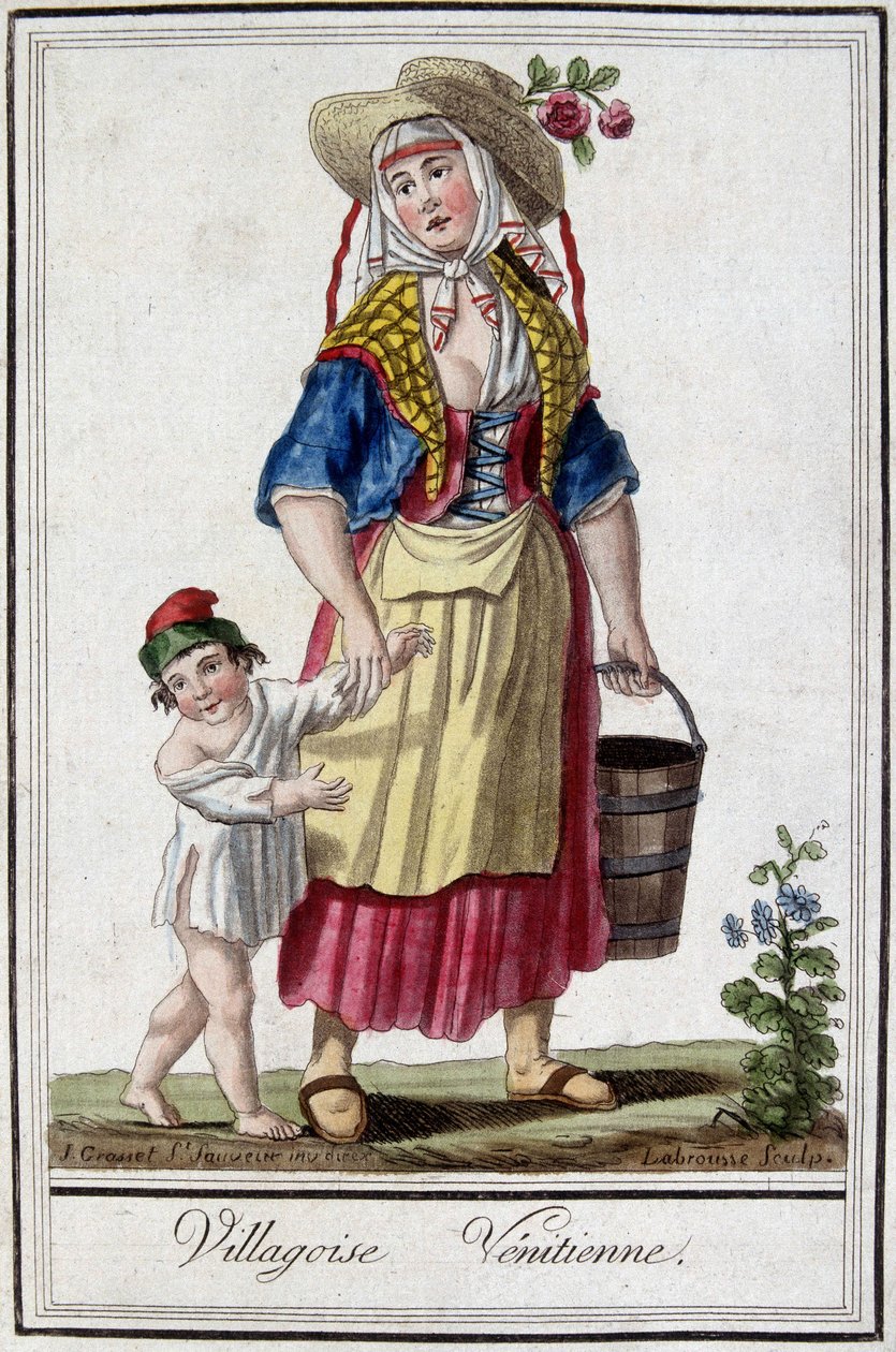 Uma aldeia Veniciana com o filho. Gravura do século XVIII. de Unknown artist