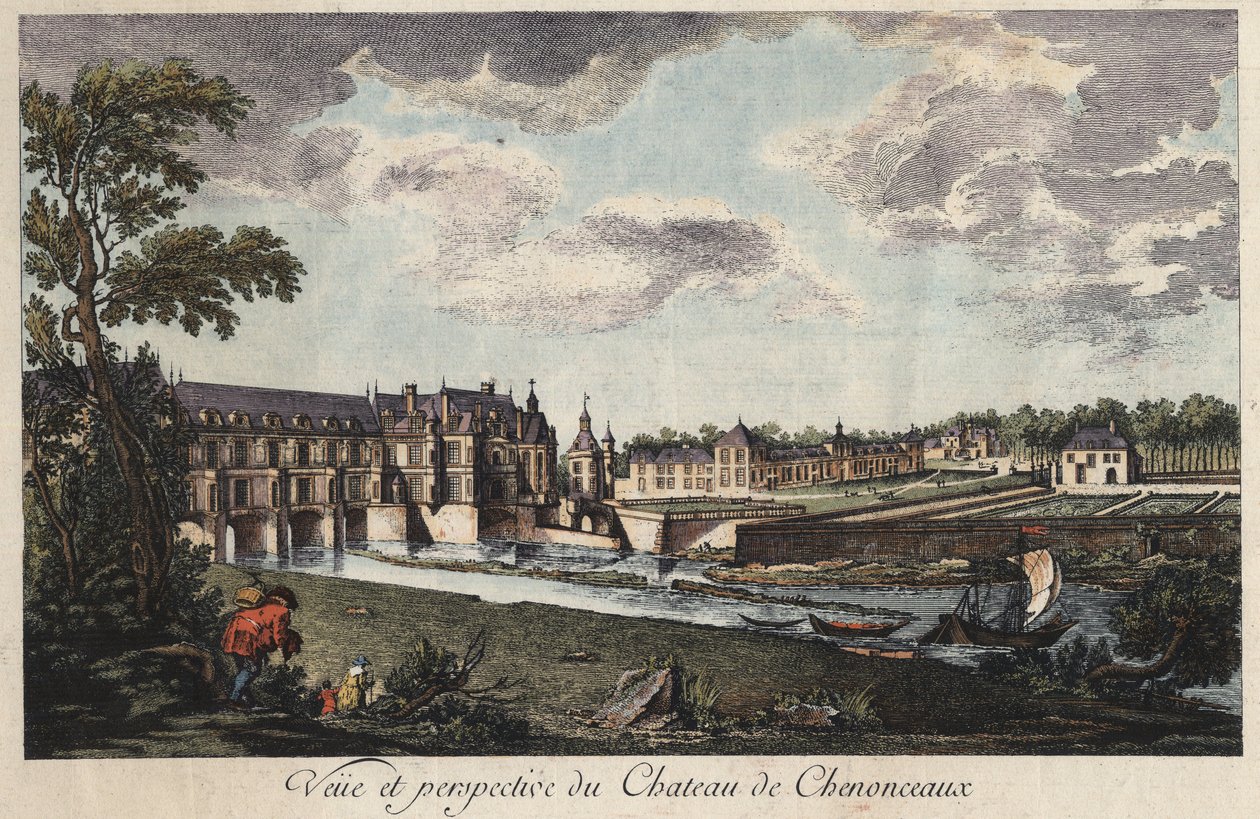 Vista e perspectiva do castelo de Chenonceau em Indre-et-Loire (França) gravura do século XVIII de Unknown artist