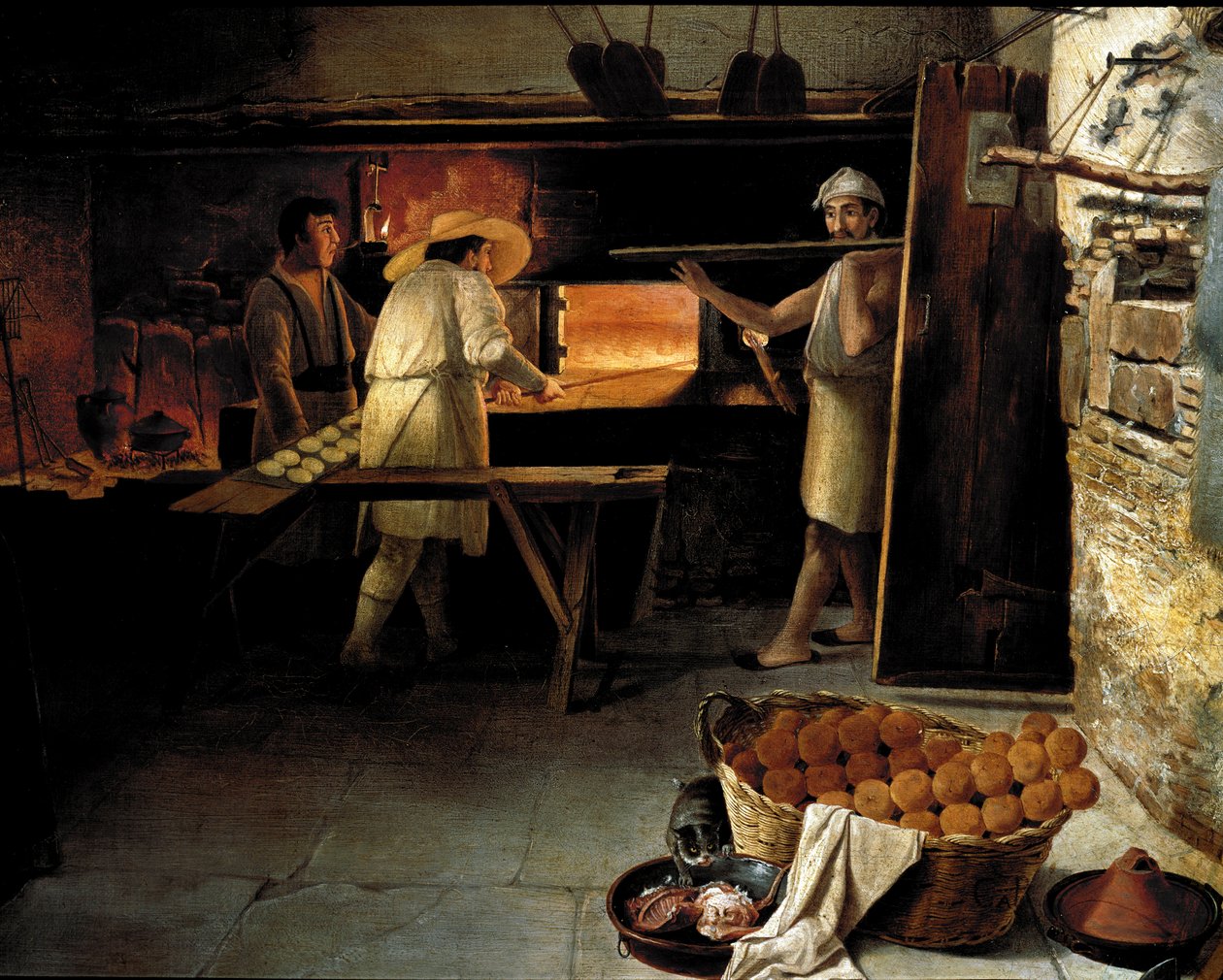 Vista do interior de uma padaria Pasteleiros assam o pão no forno. Pintura anónima do século XVIII. Roma, Museo del Folklore de Unknown artist