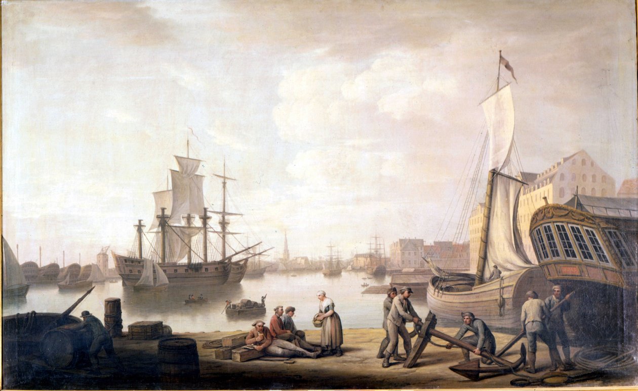 Vista do porto de Copenhaga, na Dinamarca. Pintura do século XVIII de Unknown artist