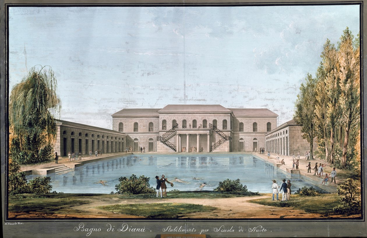Vista do banho Diana, primeira piscina italiana, em Milão (Pintura de Unknown artist