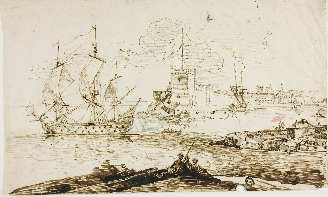 Vista do porto da cidade fortificada de Unknown artist