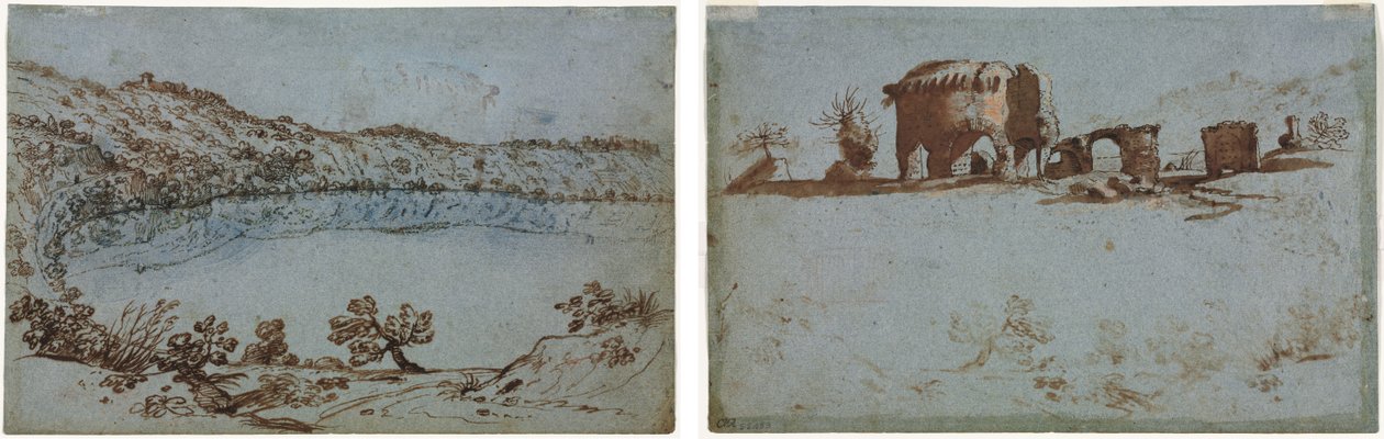 Vista do Lago Nemi (reto) Pequeno Grupo de Ruínas Romanas (verso) de Unknown artist