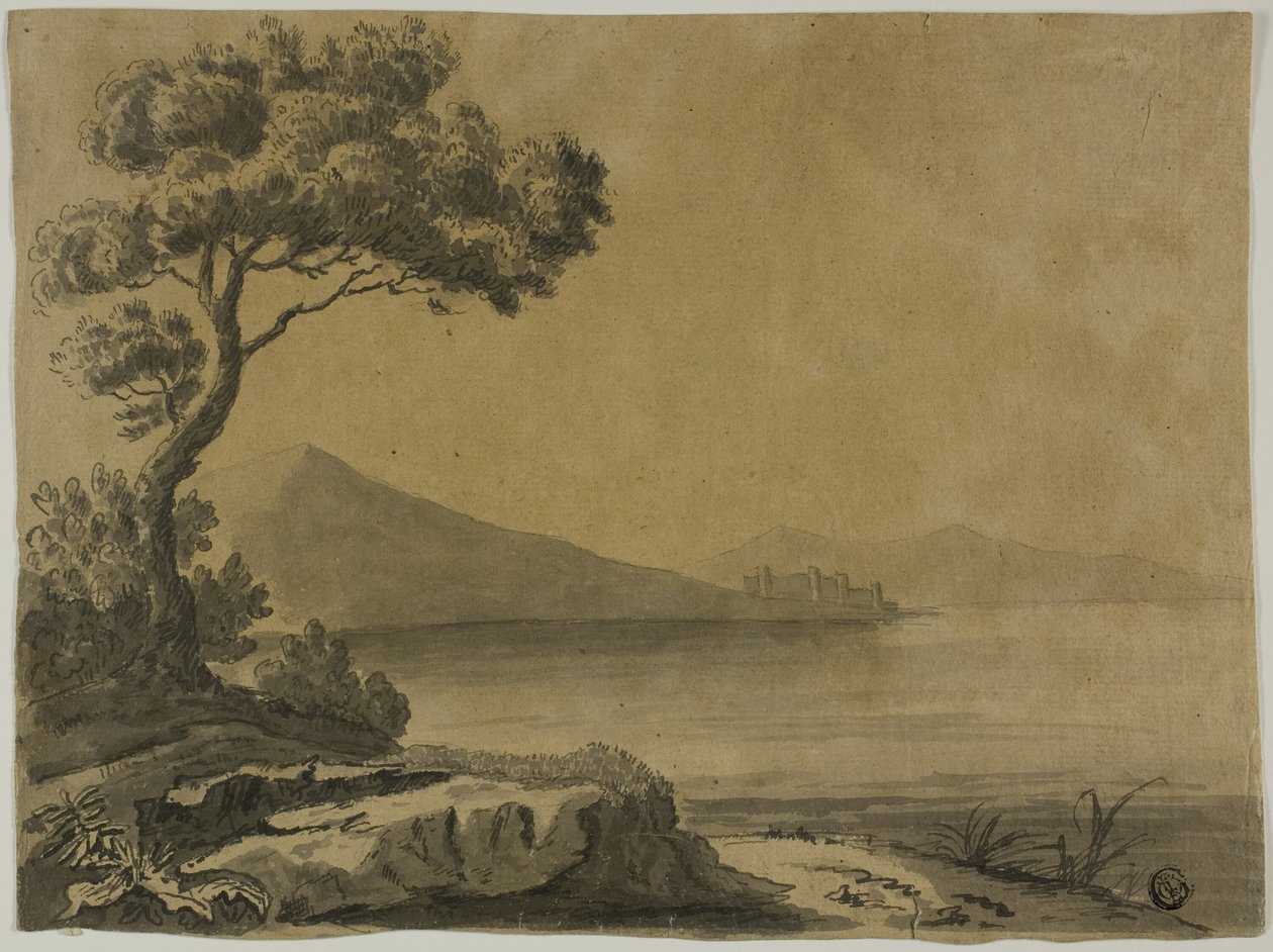 Vista do lago, com grandes árvores em primeiro plano de Unknown artist