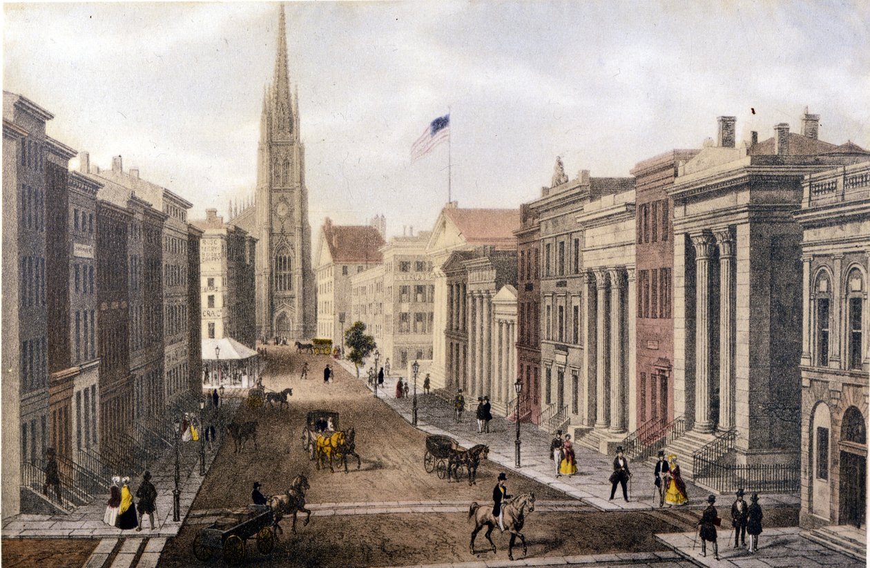 Vista de Nova Iorque: Vista de Wall Street de William Street. Sd Litográfico. Por volta de meados do século 19. de Unknown artist