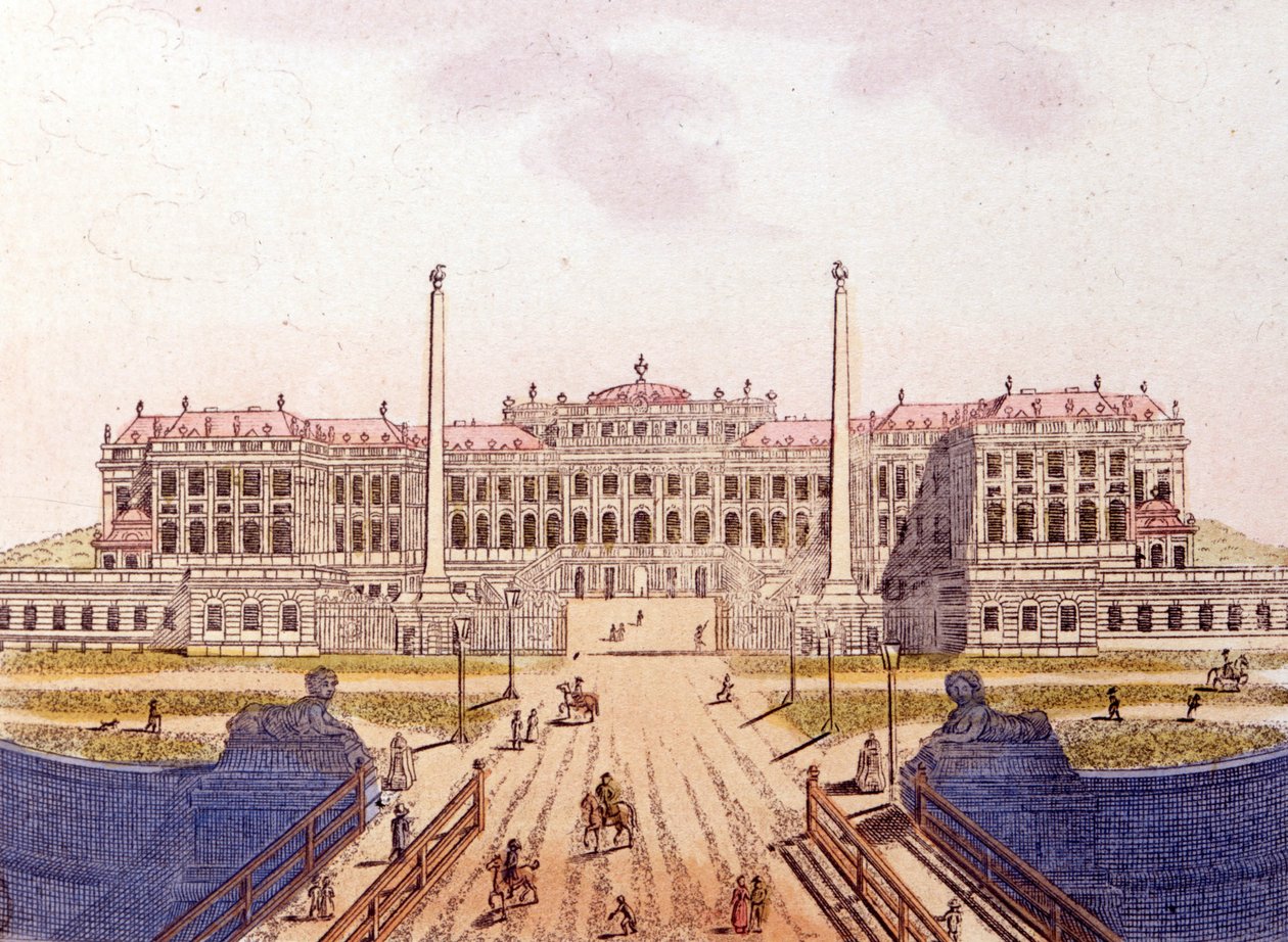 Vista do Castelo de Schonbrunn, antiga residência da Família Imperial Austríaca, Viena, Áustria, gravada a partir de 1820 de Unknown artist