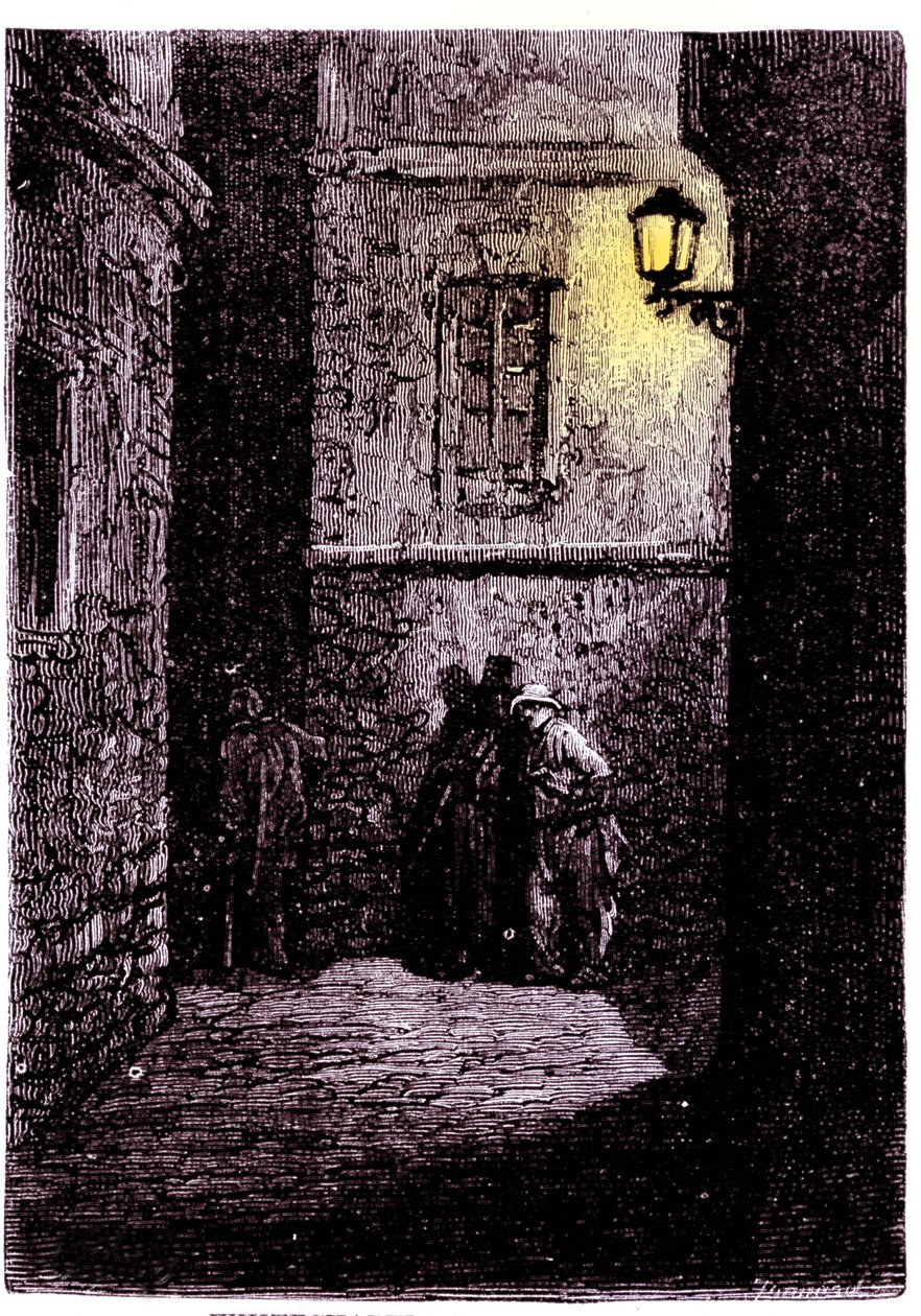 Vista de uma viela escura no bairro de Whitechapel, em Londres. Gravura do século XVIII de Unknown artist