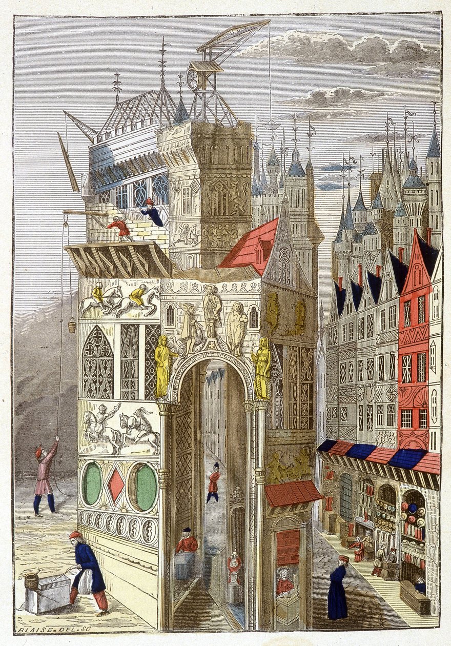 Vista de uma rue de Paris no século XV, com as suas casas em estilo de meia-lua e uma igreja em construção. de Unknown artist