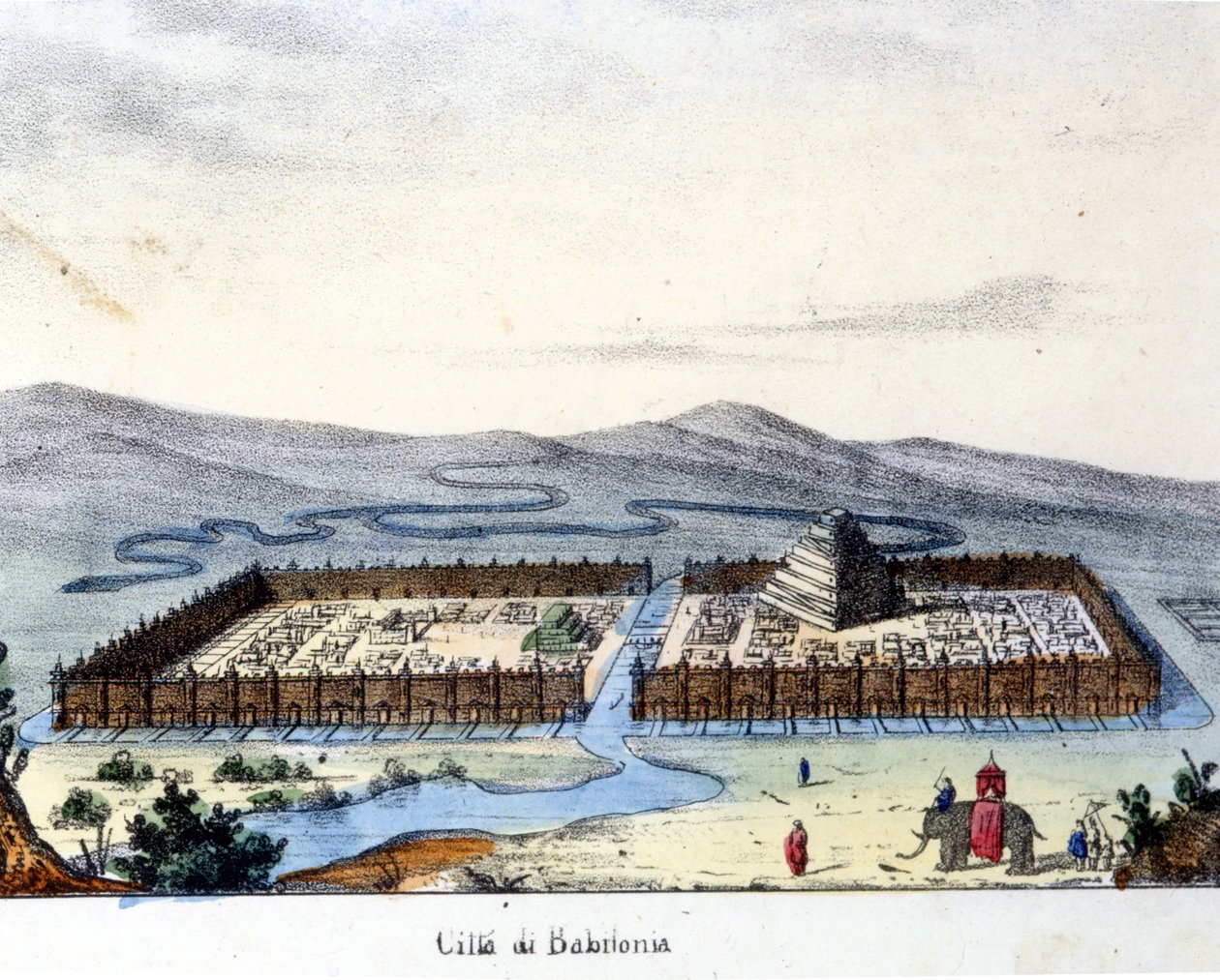 Vista da antiga Babilónia: no centro, o templo e os jardins suspensos. Cena ardente. Início do século XIX. de Unknown artist