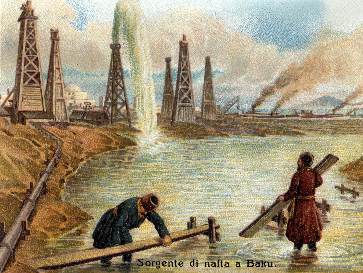 Vista dos poços de petróleo em Baku, Azerbaijão. cromolitografia de cerca de 1890. de Unknown artist