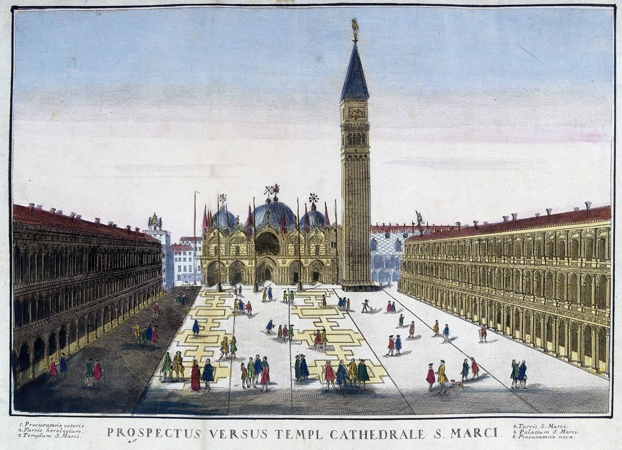 Vista da Basílica e Campanilha da Praça de São Marcos (San Marco) em Veneza, Itália. Gravura do século XVIII. de Unknown artist