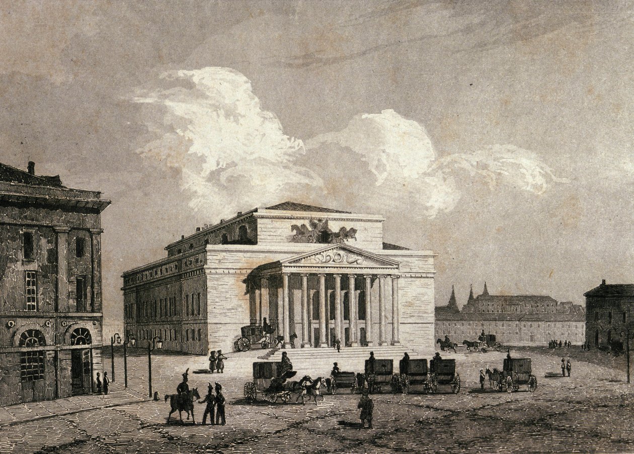 Vista do Teatro Bolchoi em Moscou, Rússia, em 1838 Gravura do século XIX de Unknown artist