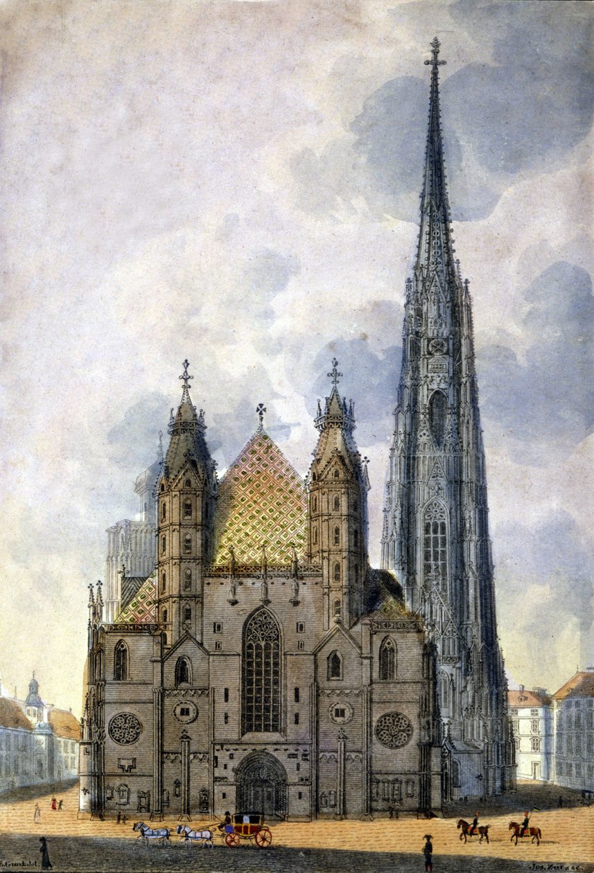 Vista da Catedral de St. Stephen (St. Stephen ou Stephansdom ou St. Stephane ou St. Stephan Kirche) de Viena, na Áustria, no final do século XVIII. de Unknown artist
