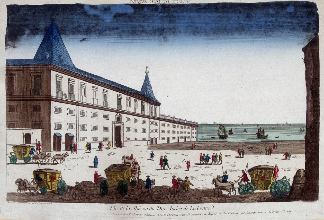 Vista da casa do Duque de Aveiro em Lisboa, Portugal. Gravura do século XVIII. de Unknown artist