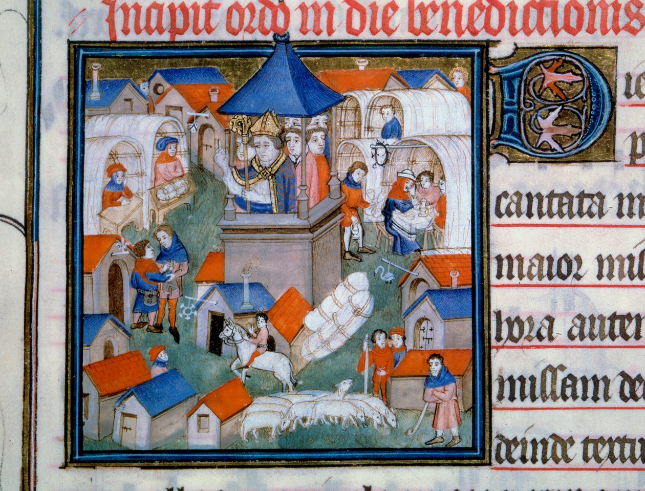 Vista da feira de Lendit, encontro popular e passeio na cidade de Saint Denis A eveque de Paris abençoou a abertura deste evento. Miniatura do "Pontifical de Sens" Paris do século XIV, B.N. de Unknown artist