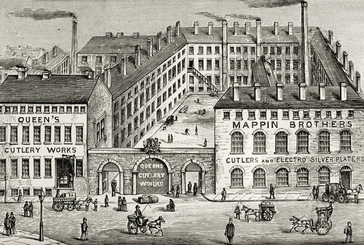Vista da fábrica de cutelaria Mappin Brothers em Londres. Pormenor do anúncio de 1891. Gravura. de Unknown artist