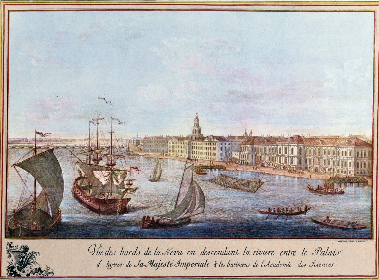 Vista da Neva no Palácio de Inverno e da Academia de Ciências em São Petersburgo. Impressão por volta de 1753. Paris, B.N. de Unknown artist