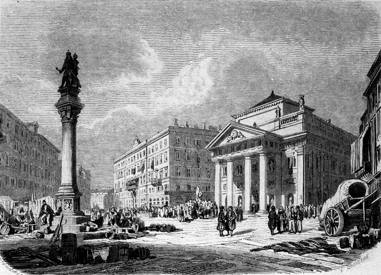 Vista da Place de la Bourse em Trieste (durante o período austríaco), gravura do século XIX de Unknown artist