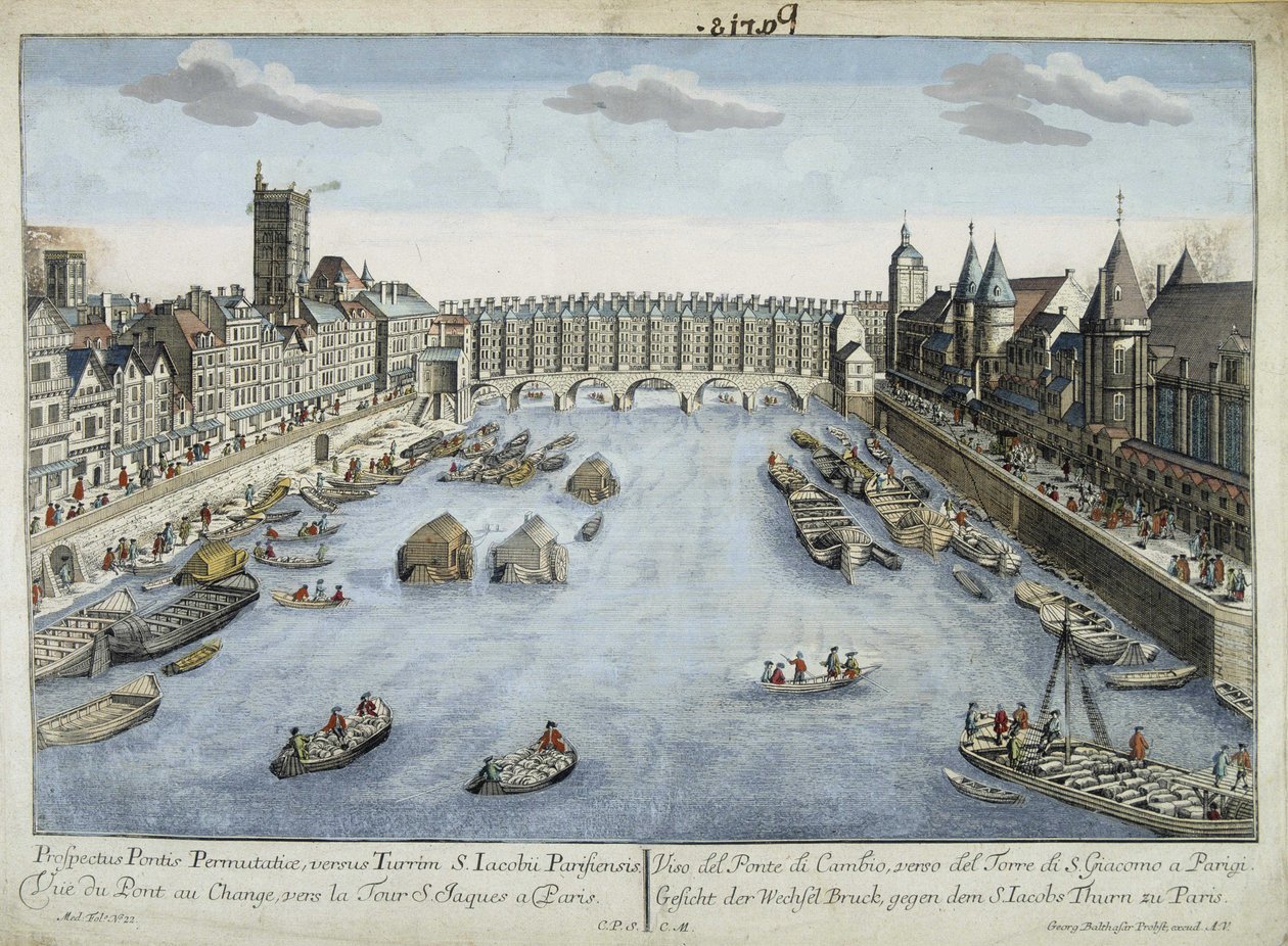 Vista da Pont au Change e da Torre de São Jacques em Paris de Unknown artist