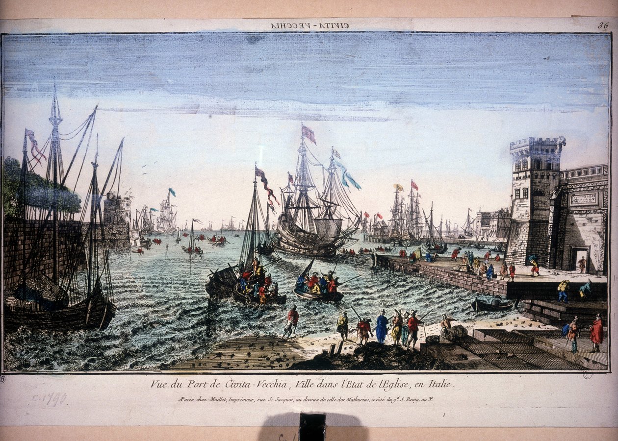Vista do Porto de Civitavecchia, Cidade no Estado da Igreja, Itália. Vista ótica do século XVIII. de Unknown artist