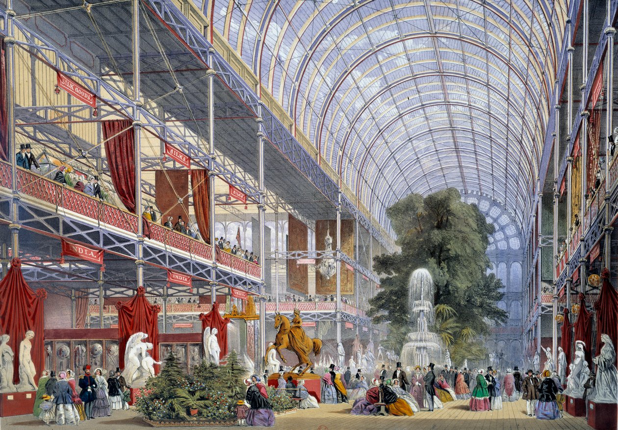Vista da Exposição Universal do Palácio de Cristal, construída por Joseph Paxton para a ocasião, em 1851 em Londres de Unknown artist