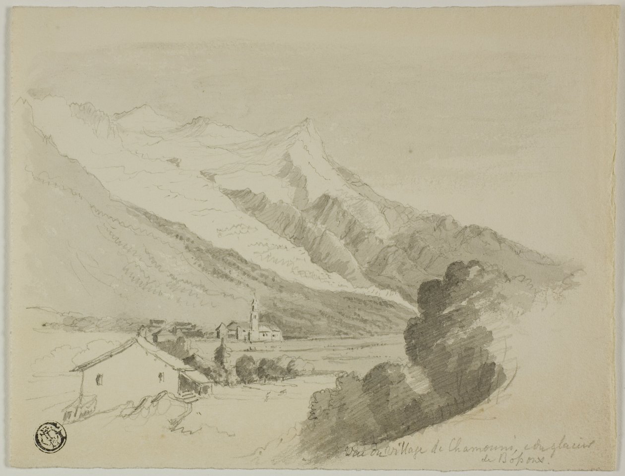 Vista da vila de Chamonix e da geleira Bossons de Unknown artist