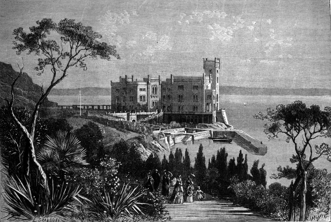 Vista do castelo de Miramare em Trieste (durante o período austríaco), gravada a partir de 1885 de Unknown artist