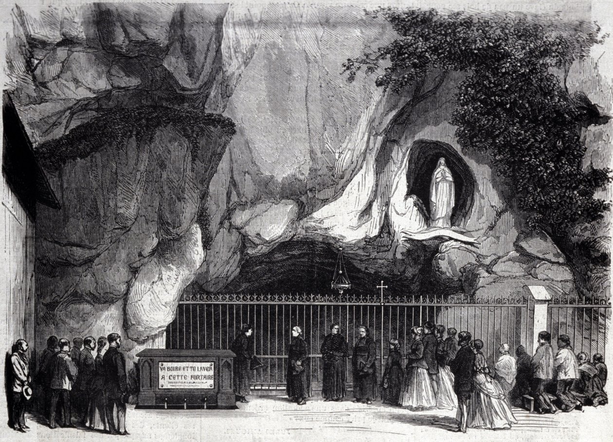 Vista da caverna de Lourdes nos altos Pirinéus, onde a Virgem apareceu a Bernadette Soubirous (1844-1879) em 1858, atual lugar de peregrinação. Gravura do século XIX de Unknown artist